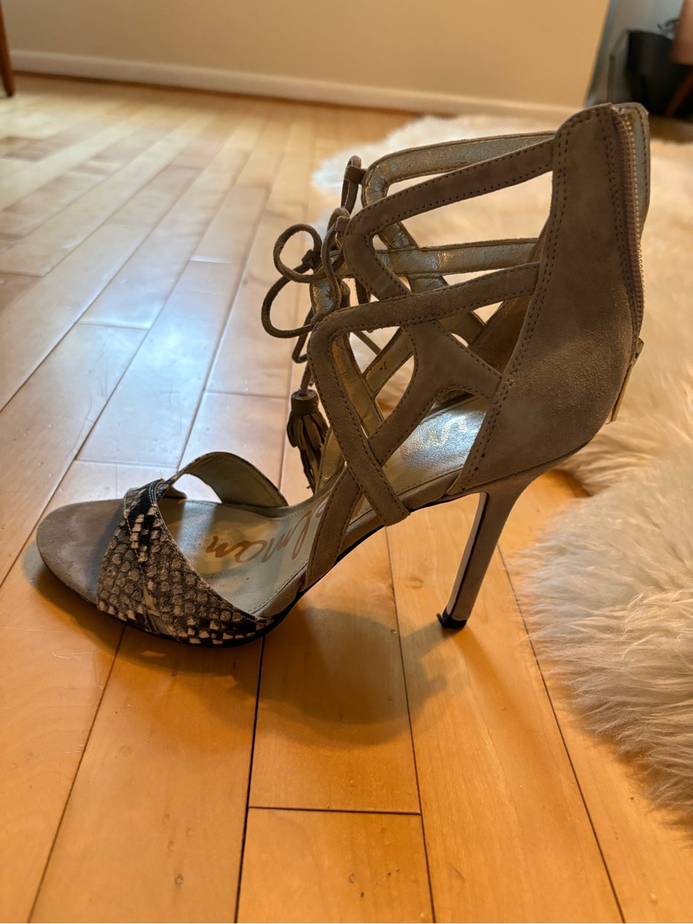 Sam Edelman Gray Lace-Up High Heel Sandals with Snake-Print Toe